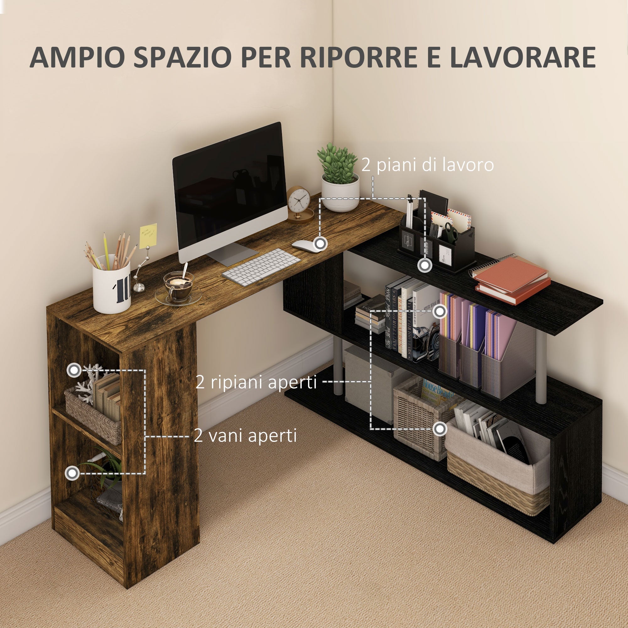 Scrivania Angolare da Ufficio 140x120x78 cm con Cassetti e Scaffale Girevole Marrone e Nero