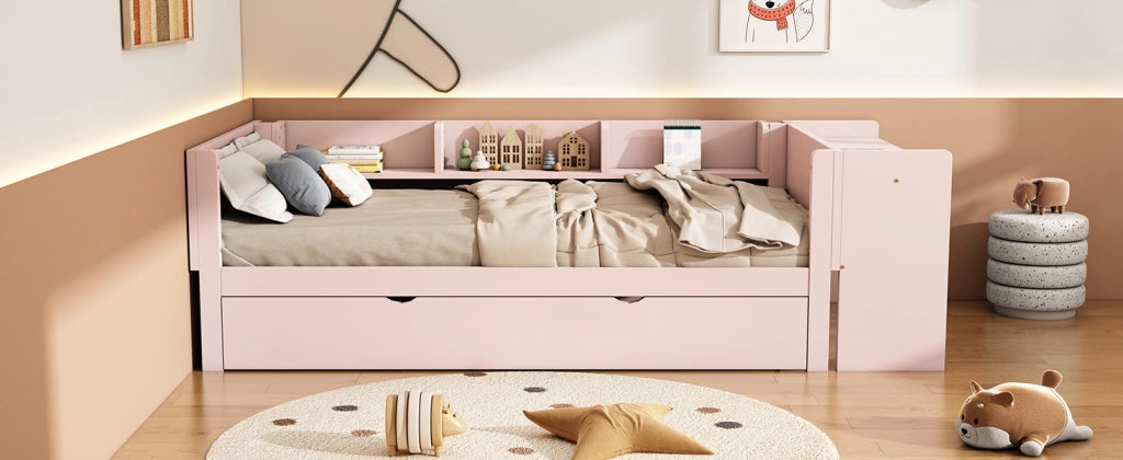 DESMIU Letto bambino 90 × 200 cm con letto estraibile, scrivania e 3 ripiani, senza materasso, rosa