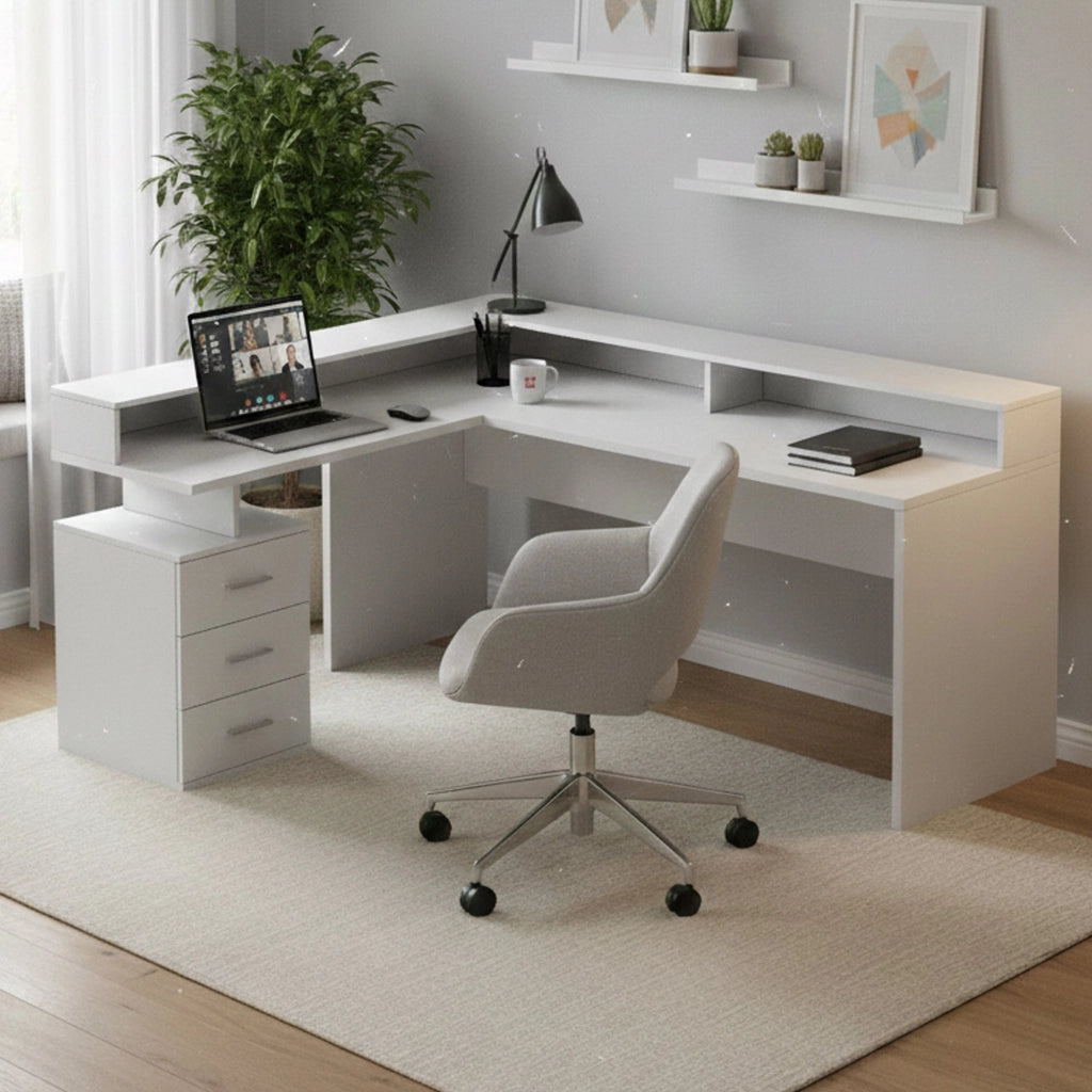 Scrivania Leonilda, Scrittoio angolare con sopralzo, Scrivania ufficio multiuso, 180x90h160 cm, Bianco