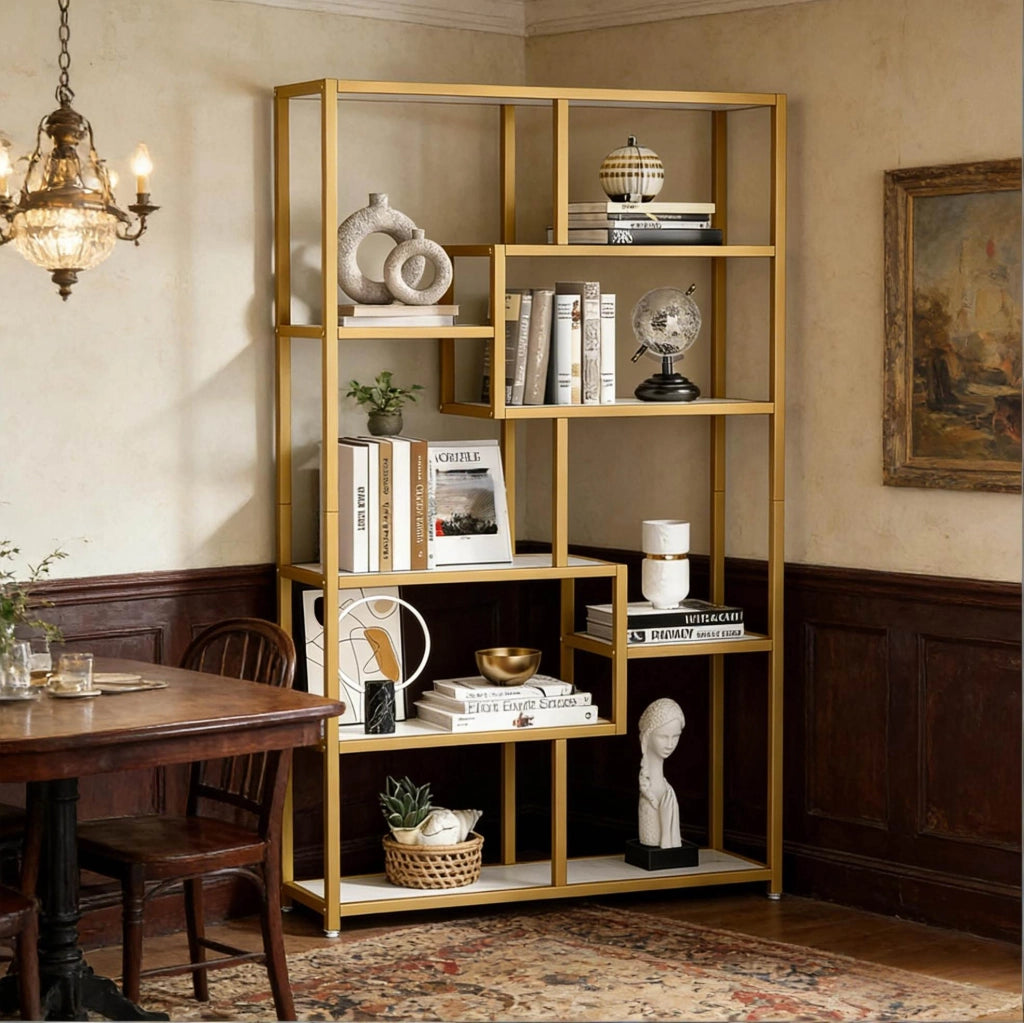 Libreria a 8 ripiani 100x20x180 cm bianca e oro, struttura metallica