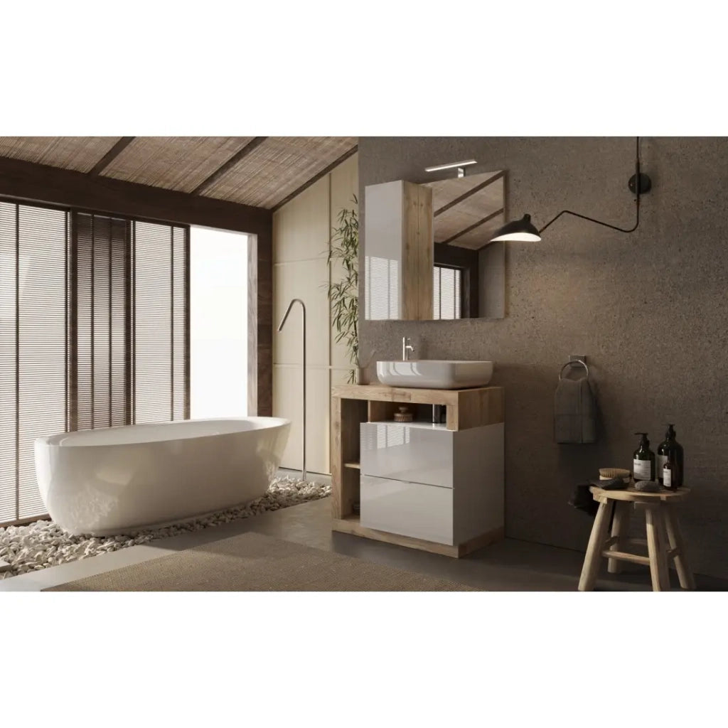 Mobile da bagno con lavabo e cassetti, lunghezza 79 cm, collezione BURA, bianco lucido/rovere chiaro