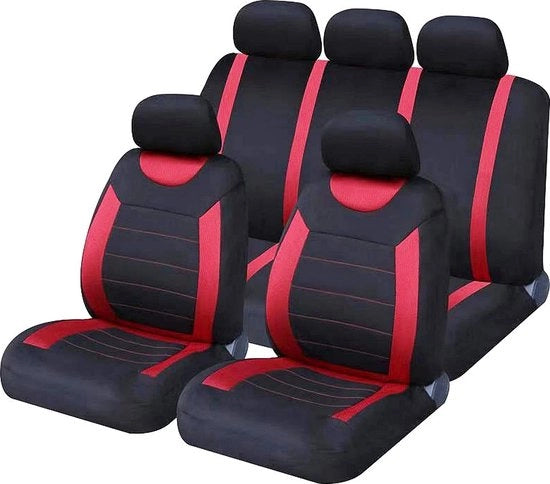 Set di protezioni per sedili, rosso, completo, misura universale, cinture elastiche, compatibile con airbag laterali, lavabile, facile da applicare