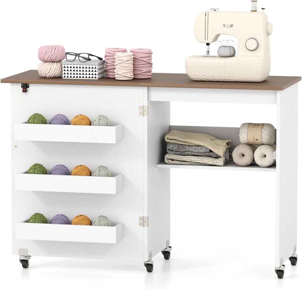 Tavolo da Cucito Pieghevole con Ruote, Mobile per Macchina da Cucire con 4 Ripiani Aperti e Ampio Piano di Lavoro, Ideale per Soggiorno, Camera da Letto e Sala Hobby (Bianco+Naturale)