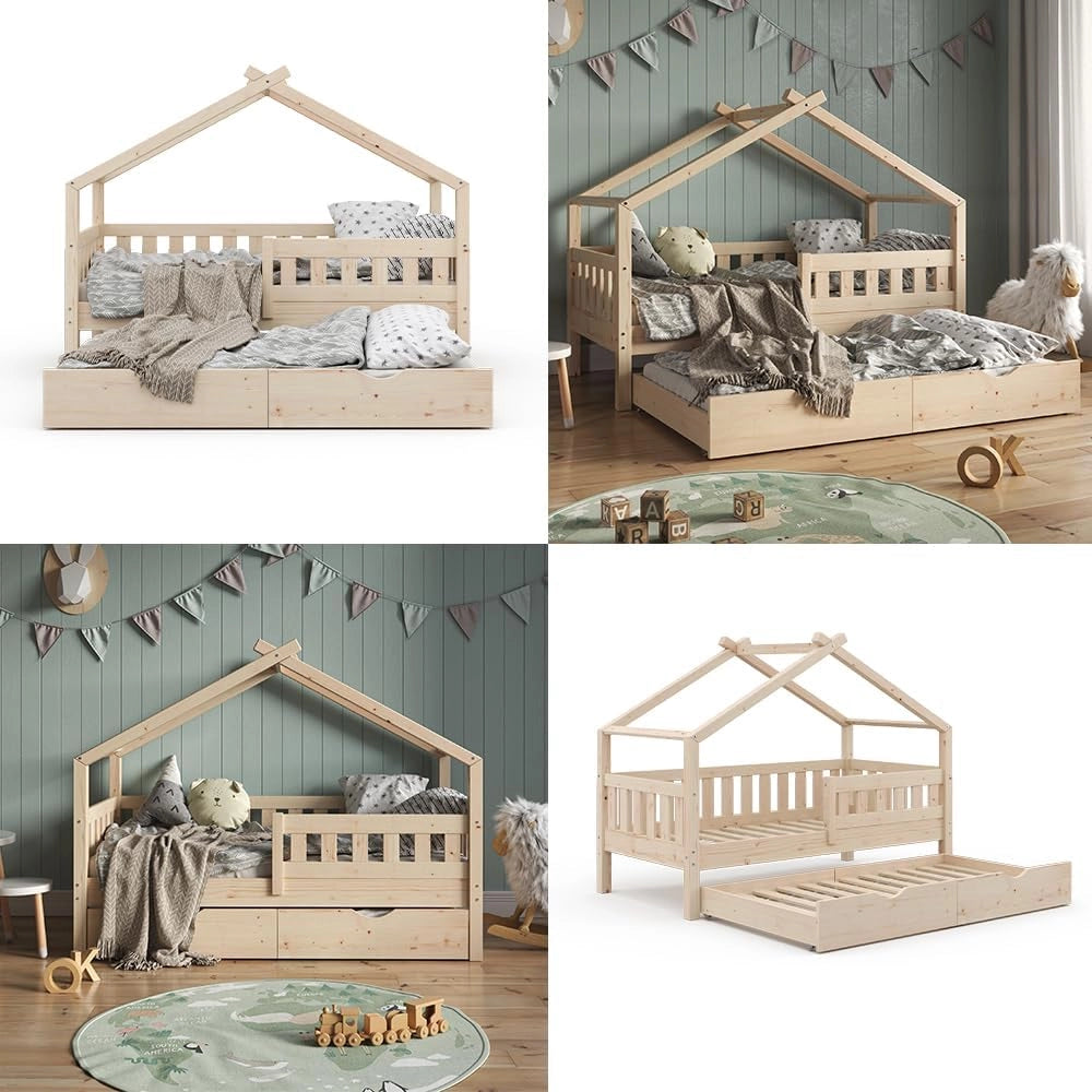 Letto montessori bambini Design, Legno naturale, 80x160 cm con letto per ospiti e materasso, adatto come area giochi e zona notte per bambini