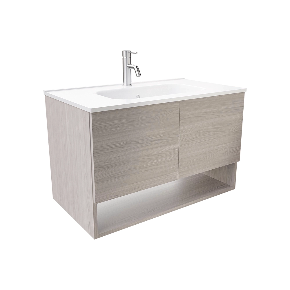Mobile sospeso 60 cm rovere grigio con due ante, vano a giorno e lavabo | Sauris