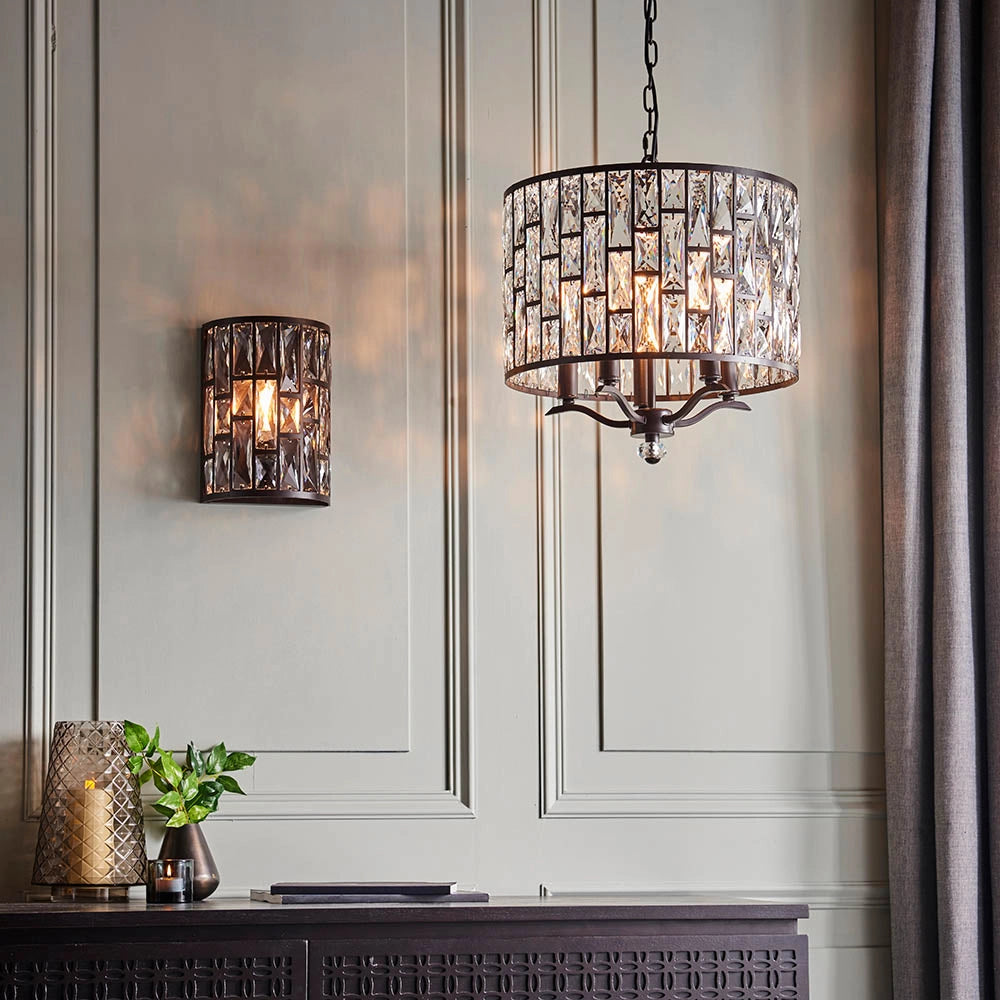 Lampadario Belle tondo cristallo bronzo scuro 5xE14 Endon