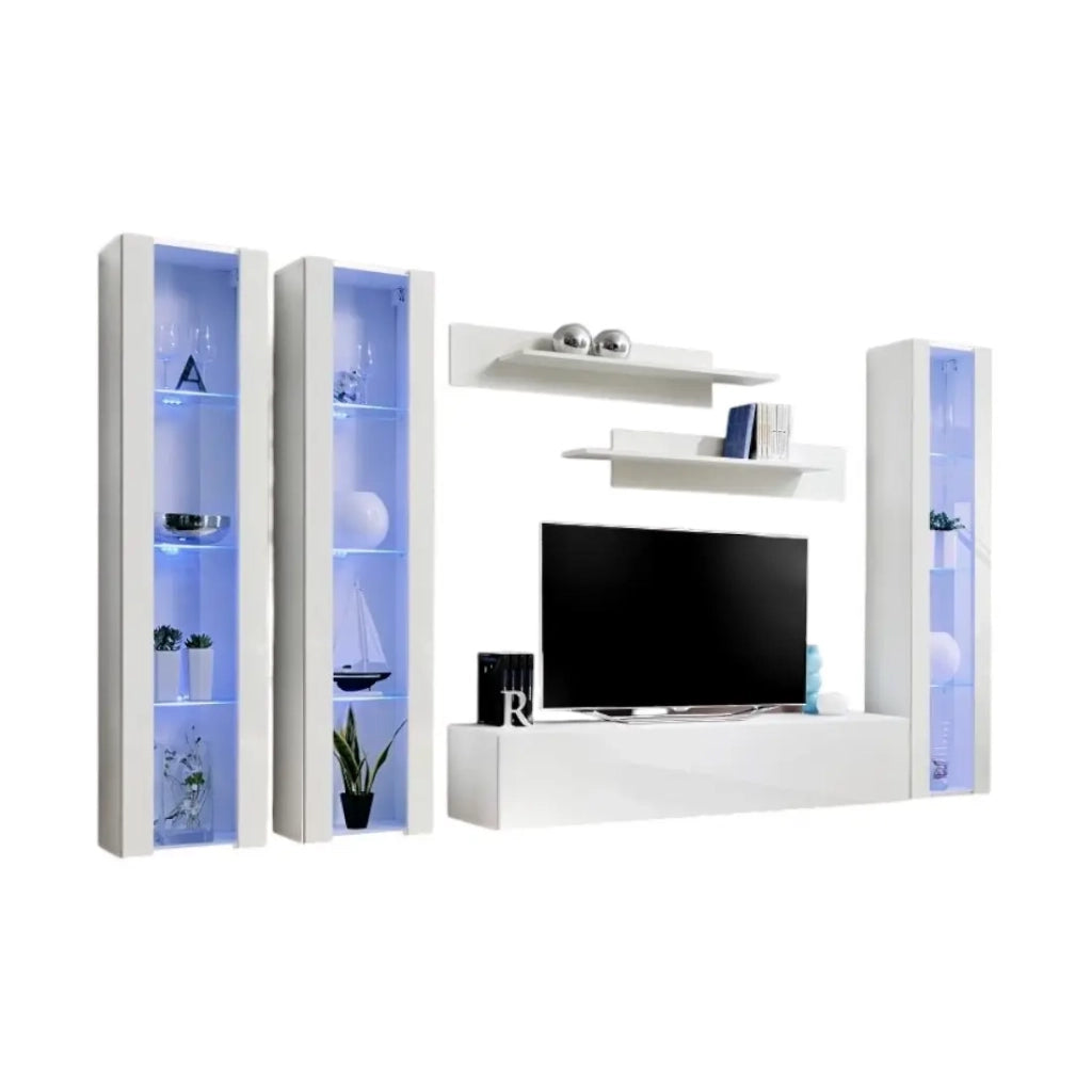 Mobile TV FLY C2 di design, colore bianco lucido. Mobile sospeso moderno e alla moda per il tuo soggiorno.