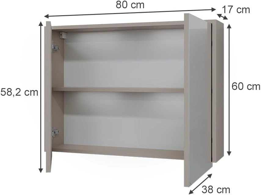 Specchio contenitore bagno J-Shape, Cashmere/Artigianale, 80 x 60 cm con 2 scomparti chiusi, per la conservazione di articoli da bagno e prodotti per l'igiene