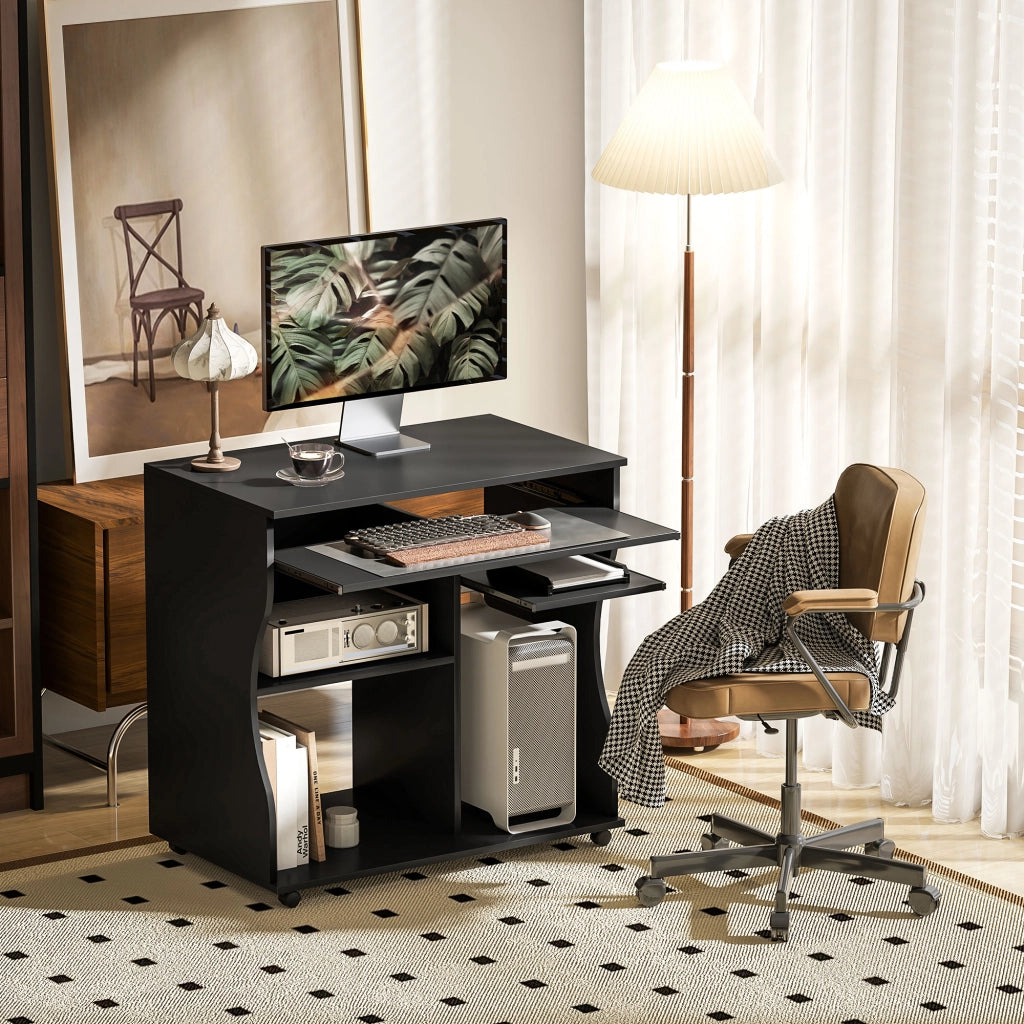 Scrivania lineare con ruote e vassoio tastiera per ufficio e piccoli spazi in legno nero 80 × 48 × 75 cm