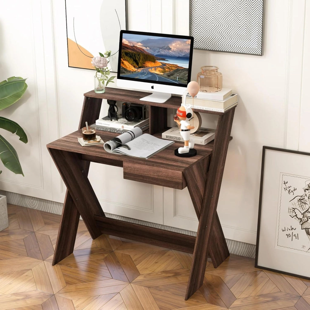 Scrivania per Computer, con Cassetto e Mensola per Computer Rialzata, Tavolo da Studio con Poggiapiedi e Gambe a Forma in X, Scrivania con Libreria per Casa e Ufficio (Noce)