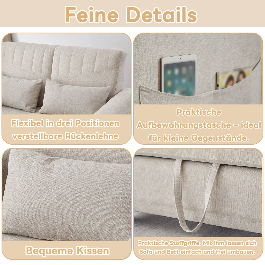 Divano Letto 2 Posti Estraibile con Schienale Regolabile 3 Posizioni e Cuscini Design Salvaspazio Struttura Legno Metallo in Tessuto Beige