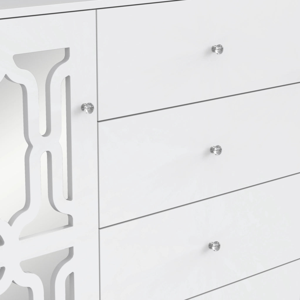 Credenza ULEVR 147x40x102 cm con 2 ante, 4 cassetti e pannelli a specchio, bianca