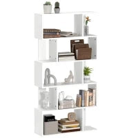 Libreria Asimmetrica a S a 5 Livelli con 10 Ripiani Aperti, in Legno, 80x24x159 cm, Bianco