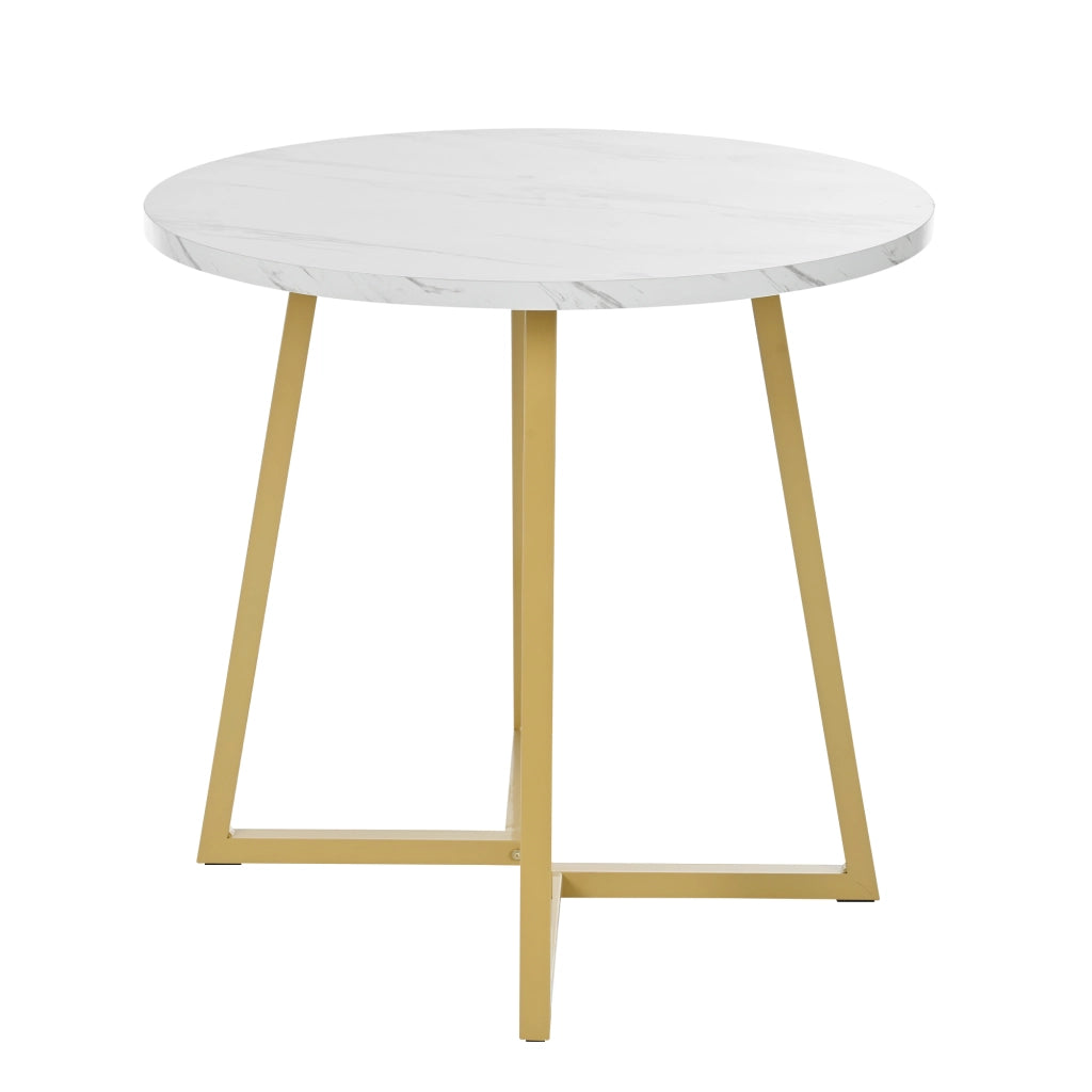 Tavolo da pranzo per 4 persone con 4 sedie in velluto, piano rotondo effetto marmo, base in metallo, 80 cm