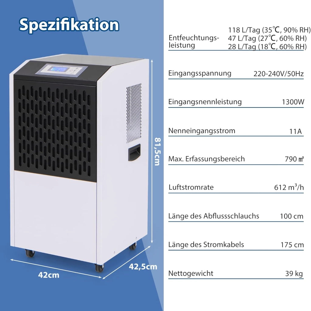 Deumidificatore Elettrico 118L/Giorno, Deumidificatore Professionale Industriale con Ruote, Tubo di Scarico, Timer 24 Ore, Filtro Rimovibile Lavabile, per Cantine, Magazzini, Scantinati (Bianco)