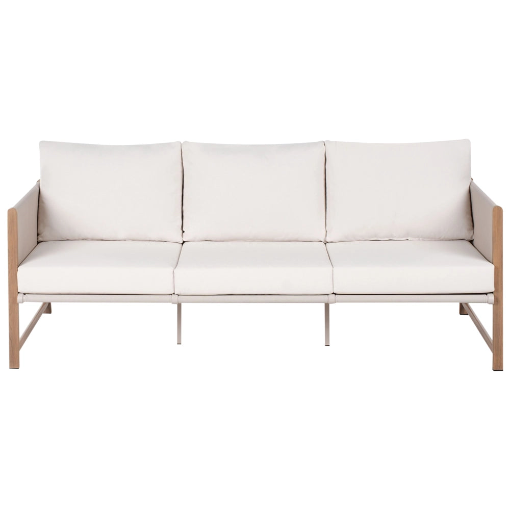 Set di divani da giardino a 5 posti Struttura in metallo beige chiaro con finitura in legno Piano in vetro Divano a 3 posti Ottomano Poltrone