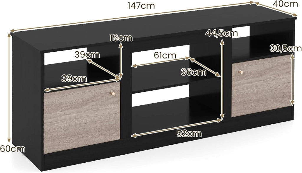 KOMFOTTEU Mobile TV Soggiorno con Luci LED, Mobiletto TV Multifunzione per TV fino a 65”, con Mensola Regolabile e Scomparto Aperto per Camino Elettrico, Mobile Porta TV per Camera da Letto, Nero