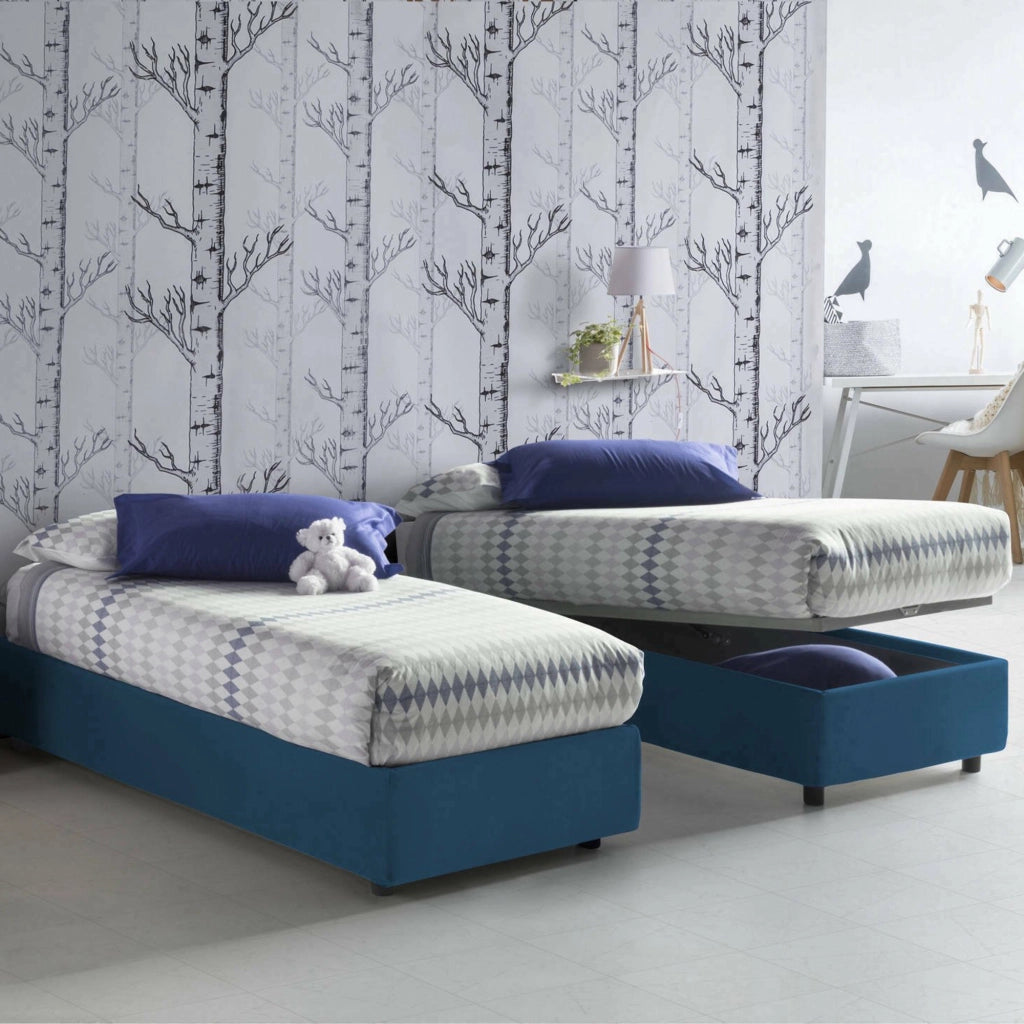 Letto singolo Aribal, Letto contenitore con rivestimento in tessuto, Made in Italy, Apertura frontale, con materasso cm 90x200 incluso, Blu
