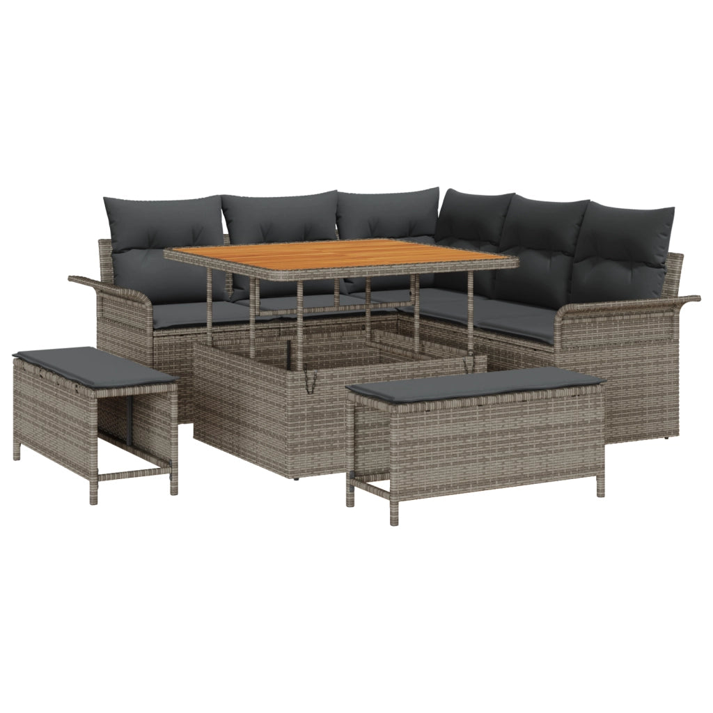 Set Divano da Giardino con 8 Pezzi e Cuscini Grigio Polyrattan Acacia