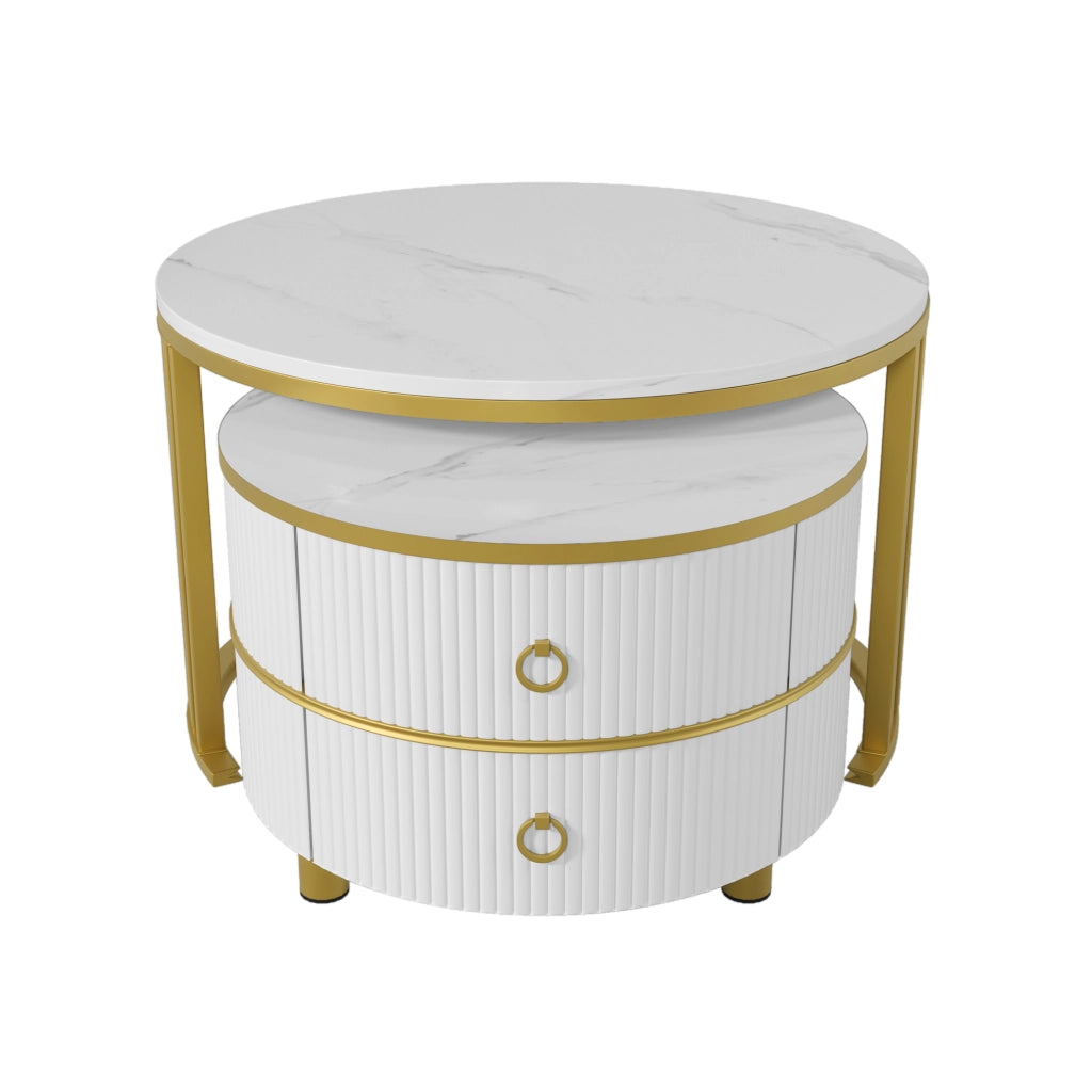 Set di tavolini da salotto 70x70x46 cm e 50x50x40 cm; piano lucido effetto marmo; MDF bianco