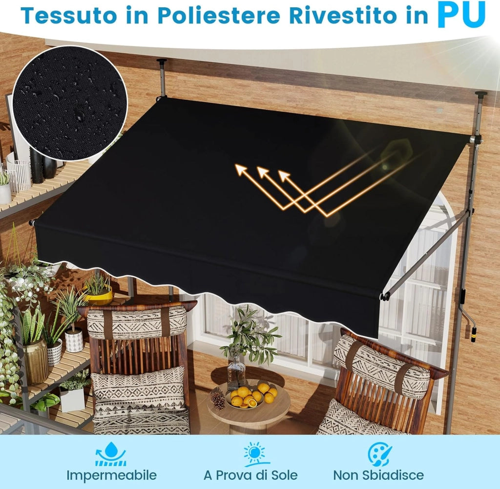 Tenda da Sole a Morsetto, Tenda per Balcone Senza Foratura Altezza e Inclinazione Regolabili con Manovella, Telo Impermeabile e Resistente ai Raggi Solari e Telaio Antiruggine (2M,Nero)
