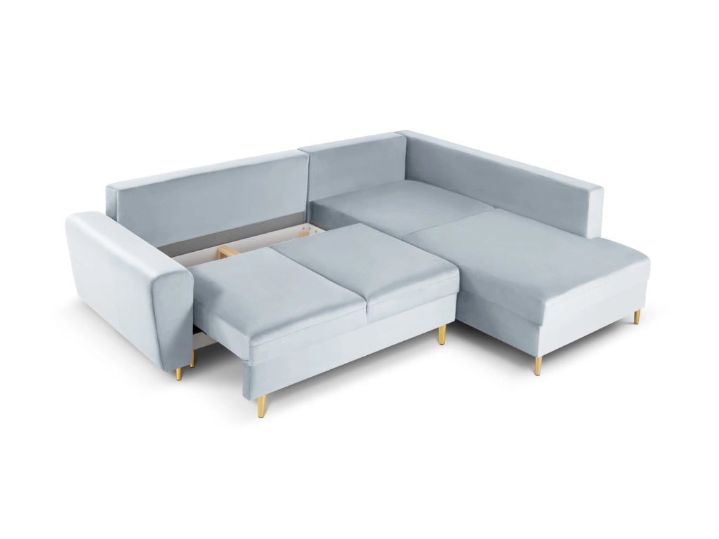 Cosmopolitan Design - Divano convertibile angolare destro con contenitore "Kyoto" 5 posti in velluto azzurro 