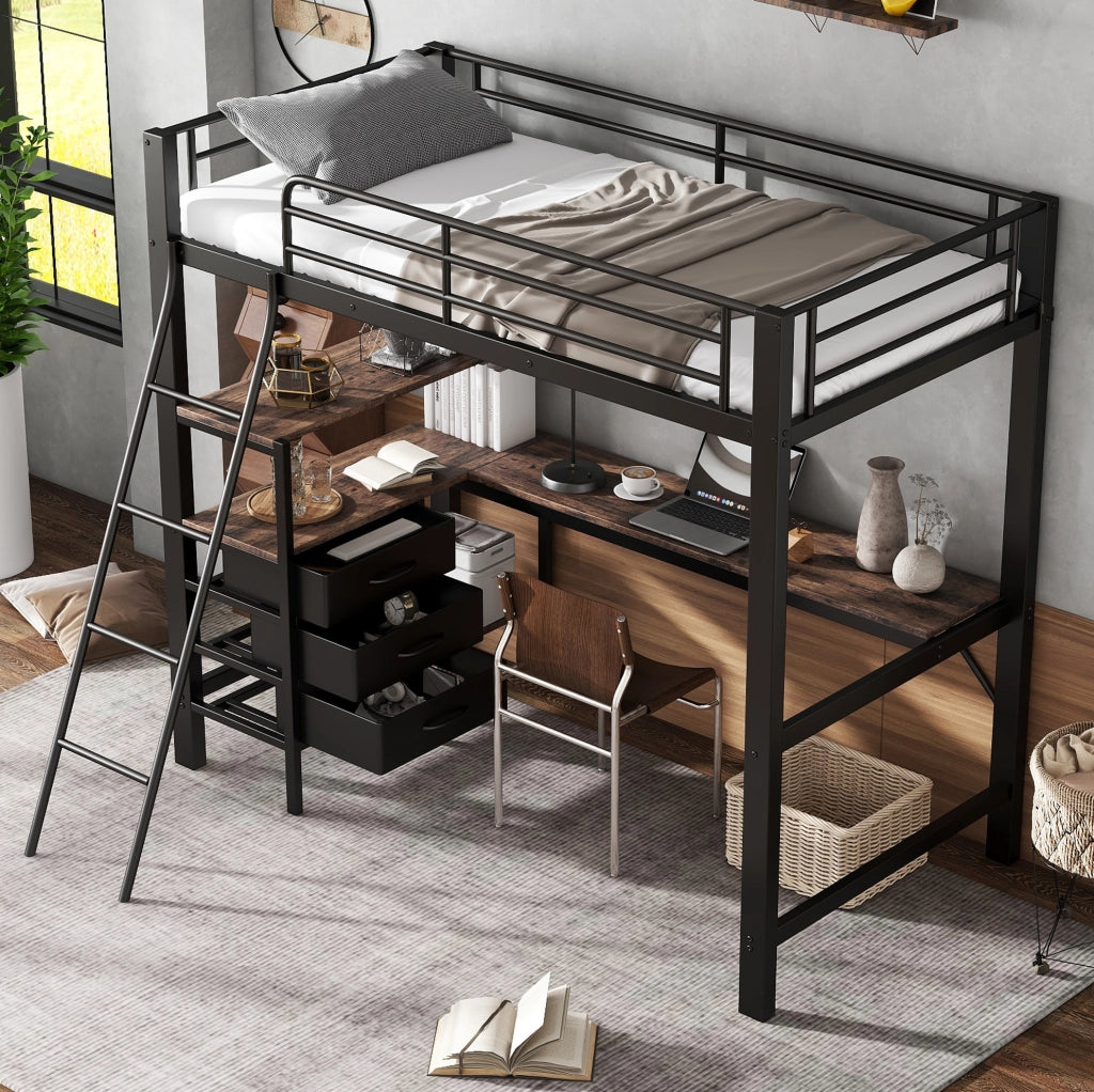 Letto a soppalco 90x200 cm con scrivania e 3 cassetti
