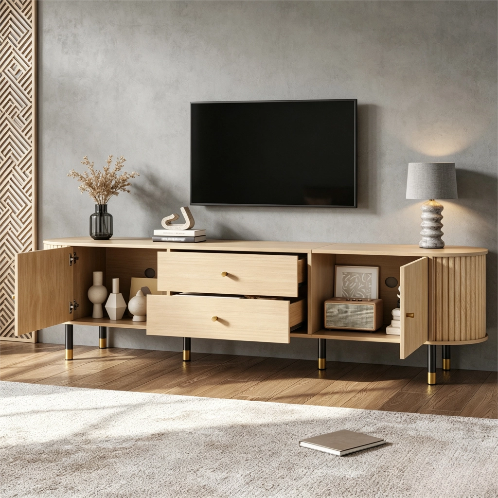 Mobile TV Lowboard 180x40x58 cm in effetto legno naturale, con 2 cassetti, 2 ante scorrevoli, gestione cavi e struttura robusta