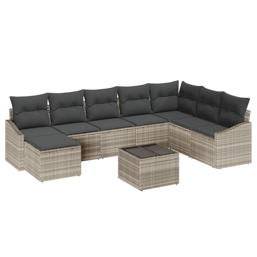 Set di divani da giardino da 9 pezzi con cuscini Grigio Polirattan