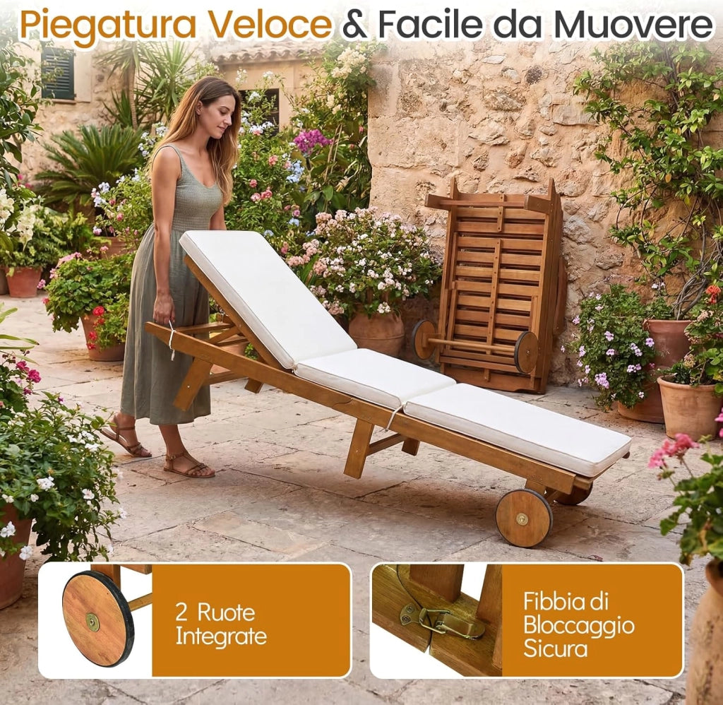 Lettino Prendisole Pieghevole, Lettino da Giardino in Legno di Eucalipto con Ruote e Cuscino, Schienale Regolabile 6 Posizioni, Tessuto Senza Fluoro, per Piscina e Spiaggia, Portata 160 kg (2)