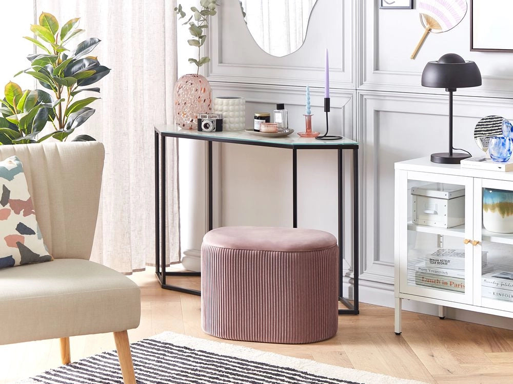 Pouf in velluto rosa glamour portaoggetti poggiapiedi soggiorno camera da letto