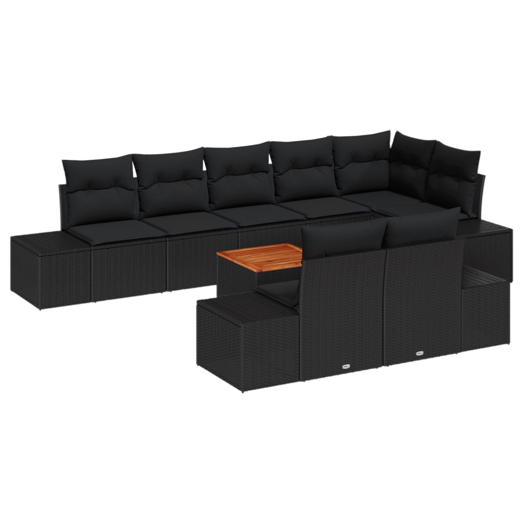 Set divano da giardino 9 pezzi con cuscini Nero Polyrattan Acacia