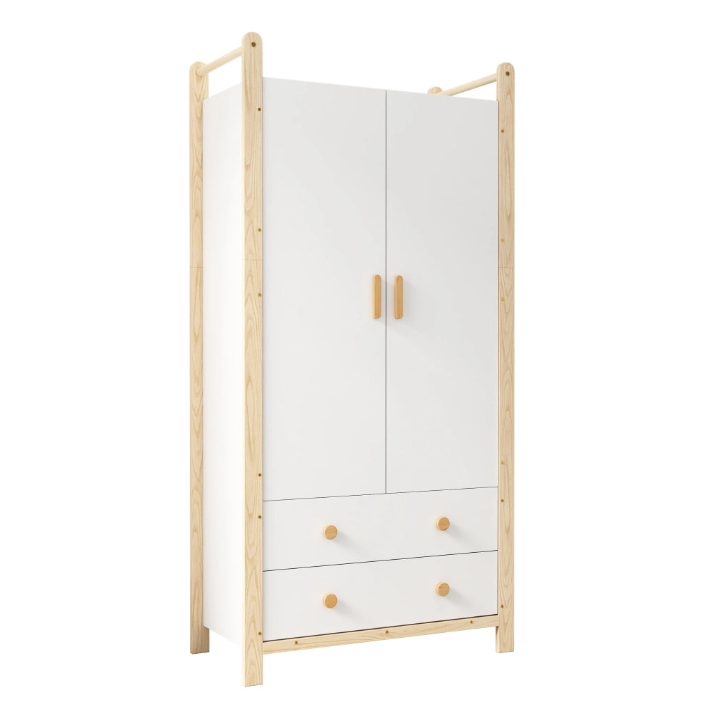 ARMADIO 2 ante con asta appendiabiti e 2 cassetti 90x45x180 cm bianco/pino