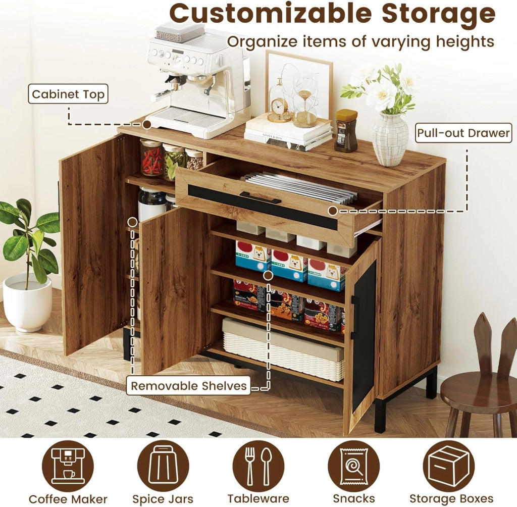 Credenza Buffet da 120 cm, Mobile Bar in Legno con Cassetto, 3 Ante, Ripiani e Gambe in Metallo, Mobile Contenitore in Stile Farmhouse per Cucina, Sala da Pranzo e Soggiorno