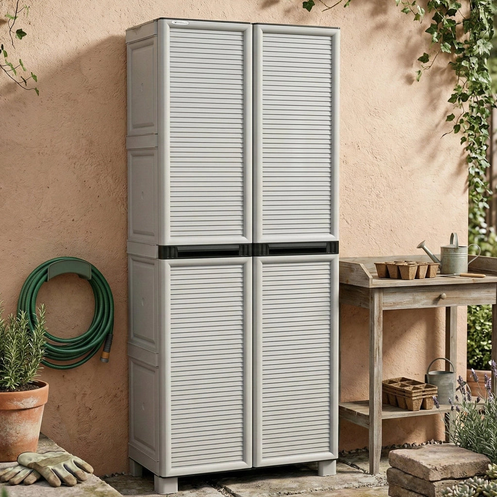 Armadio portascope da esterno o Achae, Mobile a 2 ante 3 ripiani in polipropilene, 100% Made in Italy, cm 70x39h172, colore Grigio chiaro