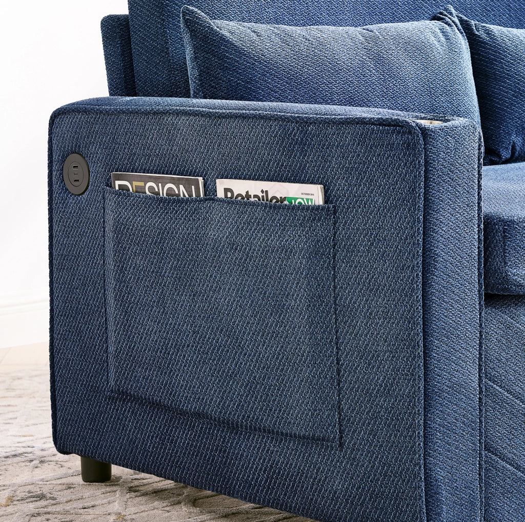Divano letto 2 posti navy blue con sistema a scorrimento e ricarica USB