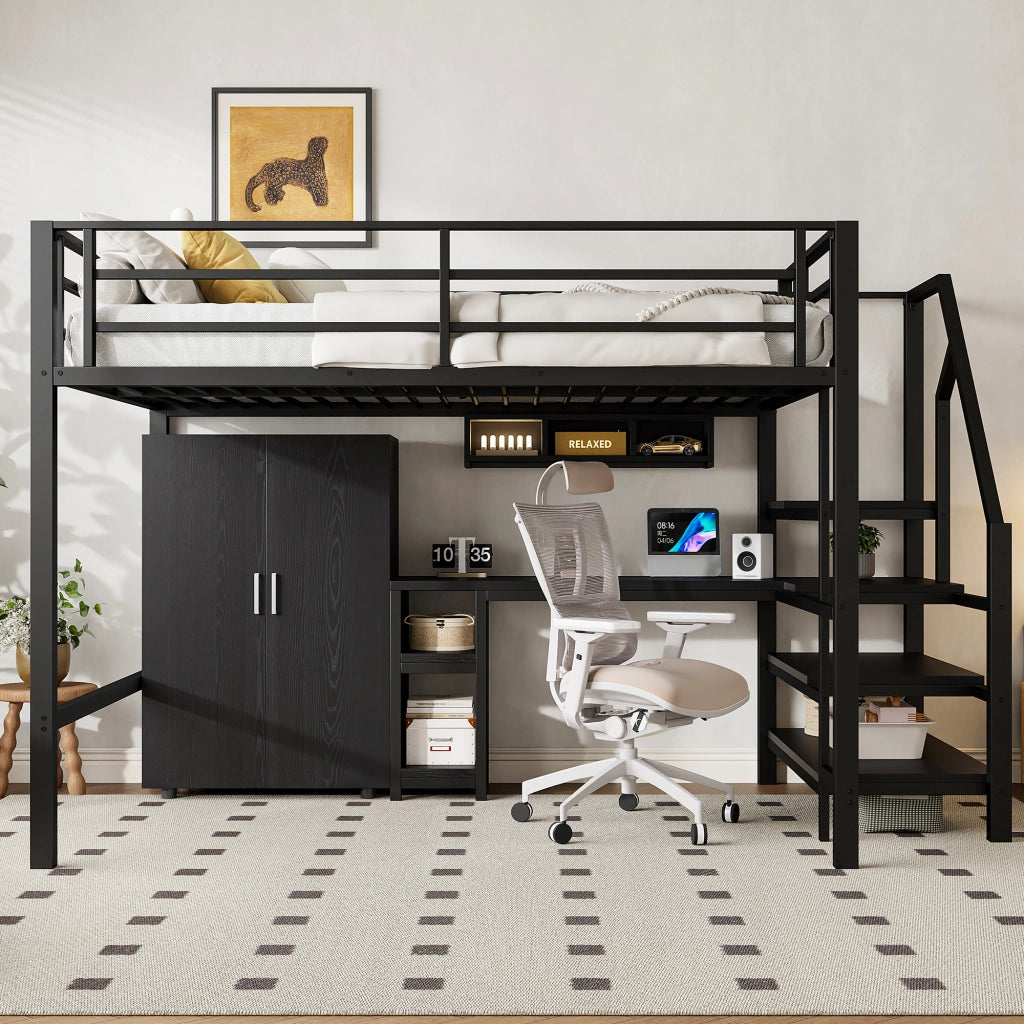 Letto a castello nero in metallo con scrivania armadio e scaffali 140x200 cm