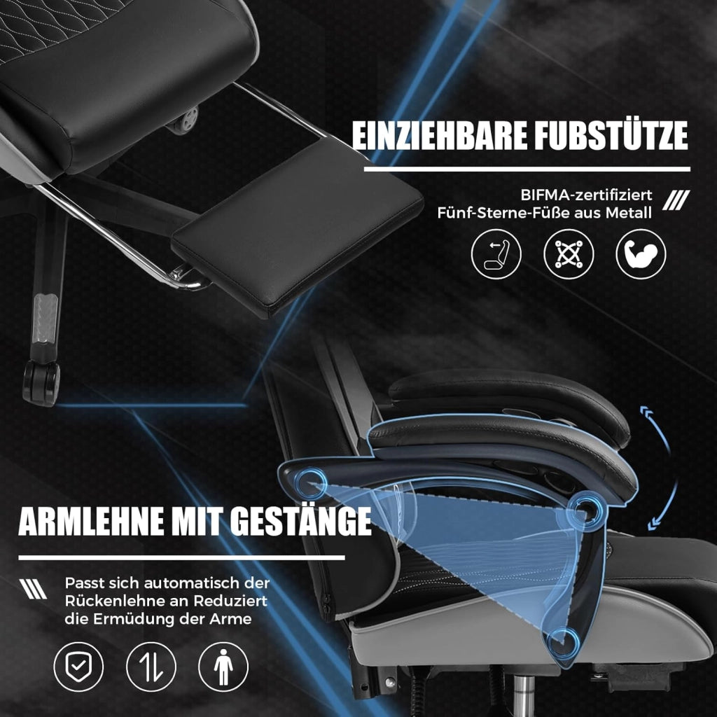 Sedia da gaming, sedia da gamer, sedia da ufficio ergonomica, con lombi e cuscini regolabili con poggiapiedi, sedia da gioco imbottita, portata 150 kg, colore grigio