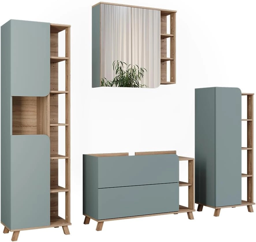 Set di mobili da bagno Karen, Sonoma/antracite, 100 cm, composto da mobile lavabo, pensile a specchio, colonna e base media