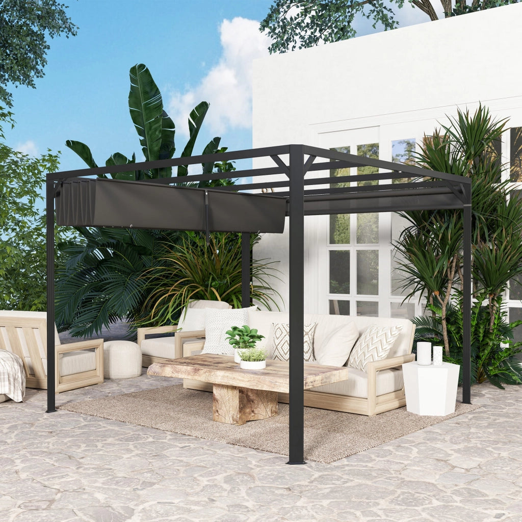 Gazebo Pergola da Giardino 300x300x227 cm con Telo Retrattile e Tenda a Rullo Grigio Scuro
