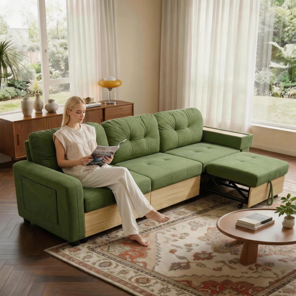 Divano angolare modulare con chaise longue estraibile, USB e spazio contenitore in velluto verde per soggiorno