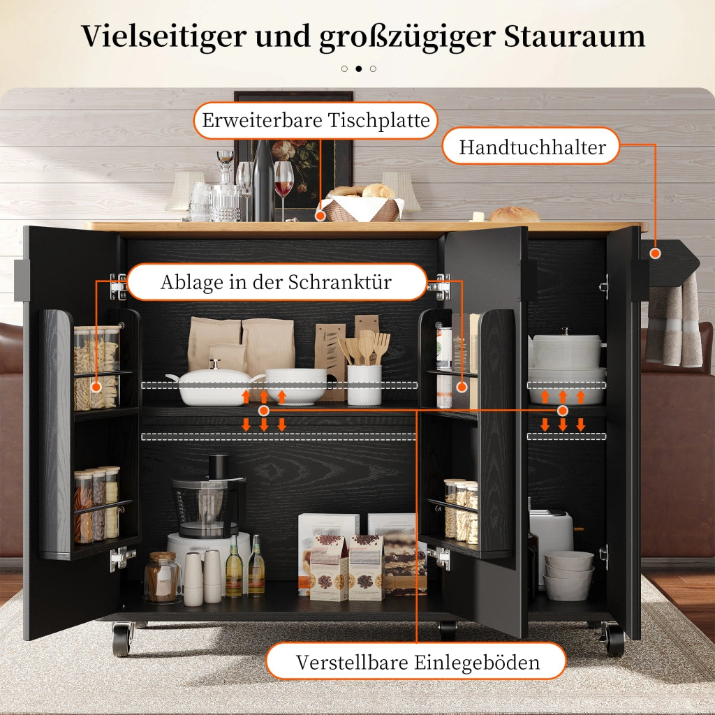 ISOLA CUCINA 130x45(75)x92 cm in MDF Nero con ruote