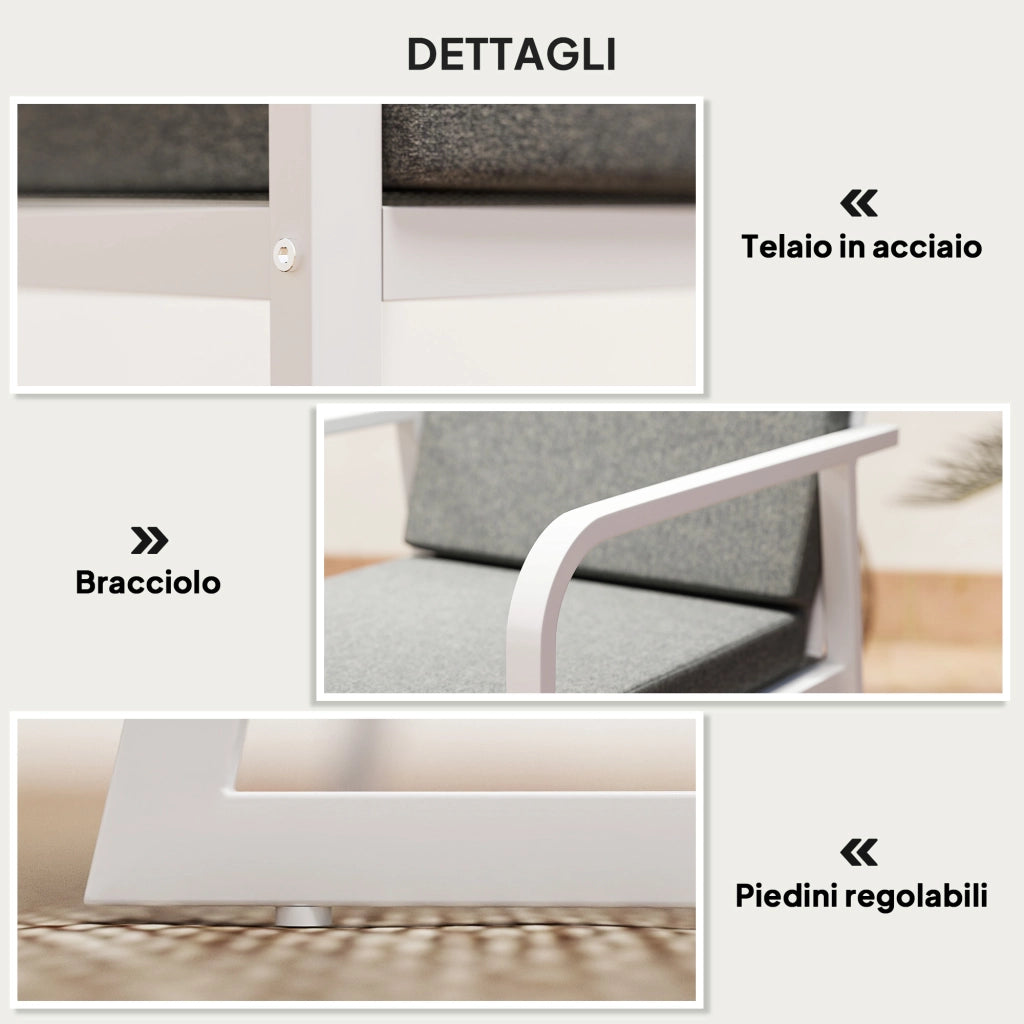 Set da Esterno 3 Pezzi Tavolo con Piano in Vetro e 2 Sedie con Cuscini Bianco