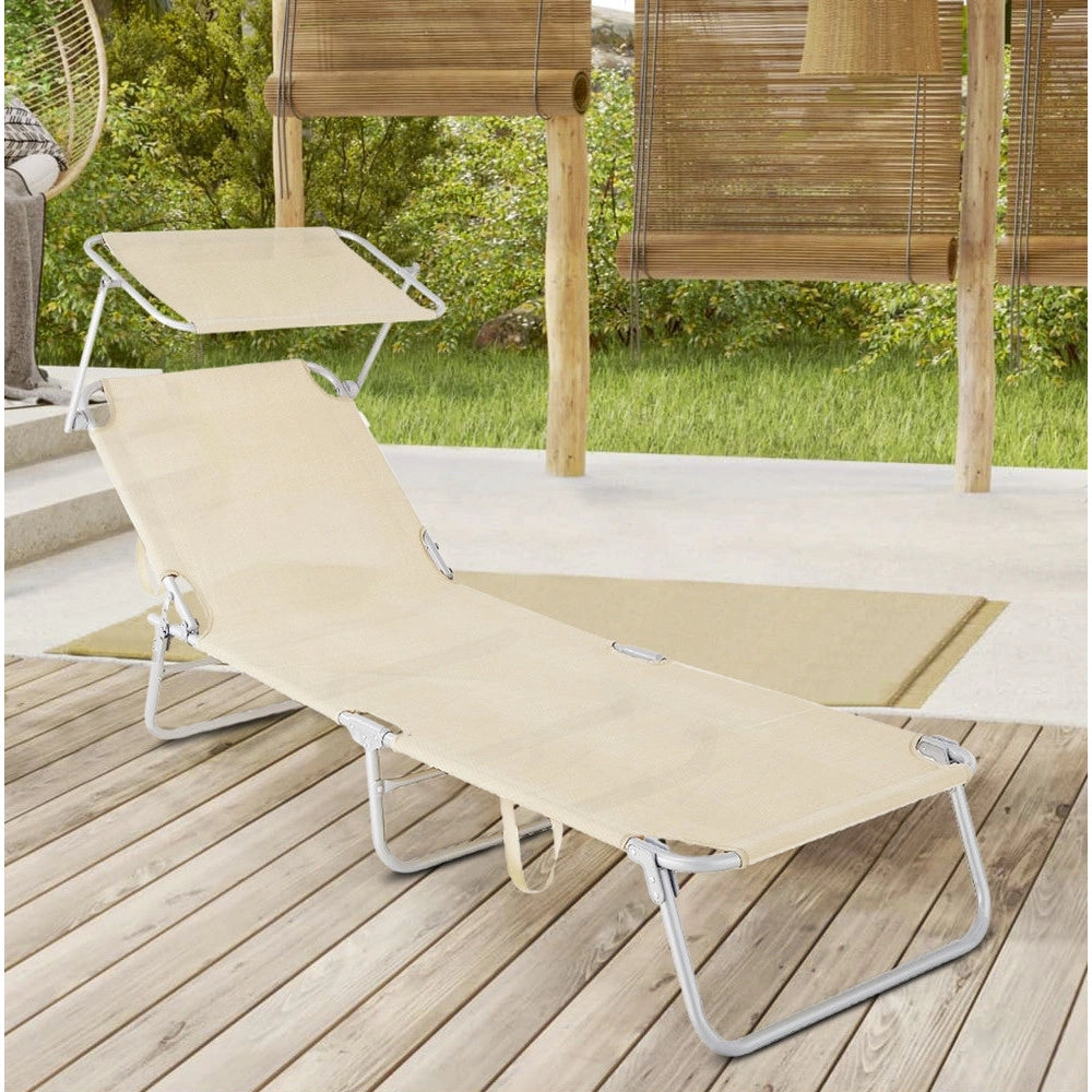 Trade Shop - Lettino In Textilene Con Parasole Crema Mare Giardino Schienale Regolabile 281014 -
