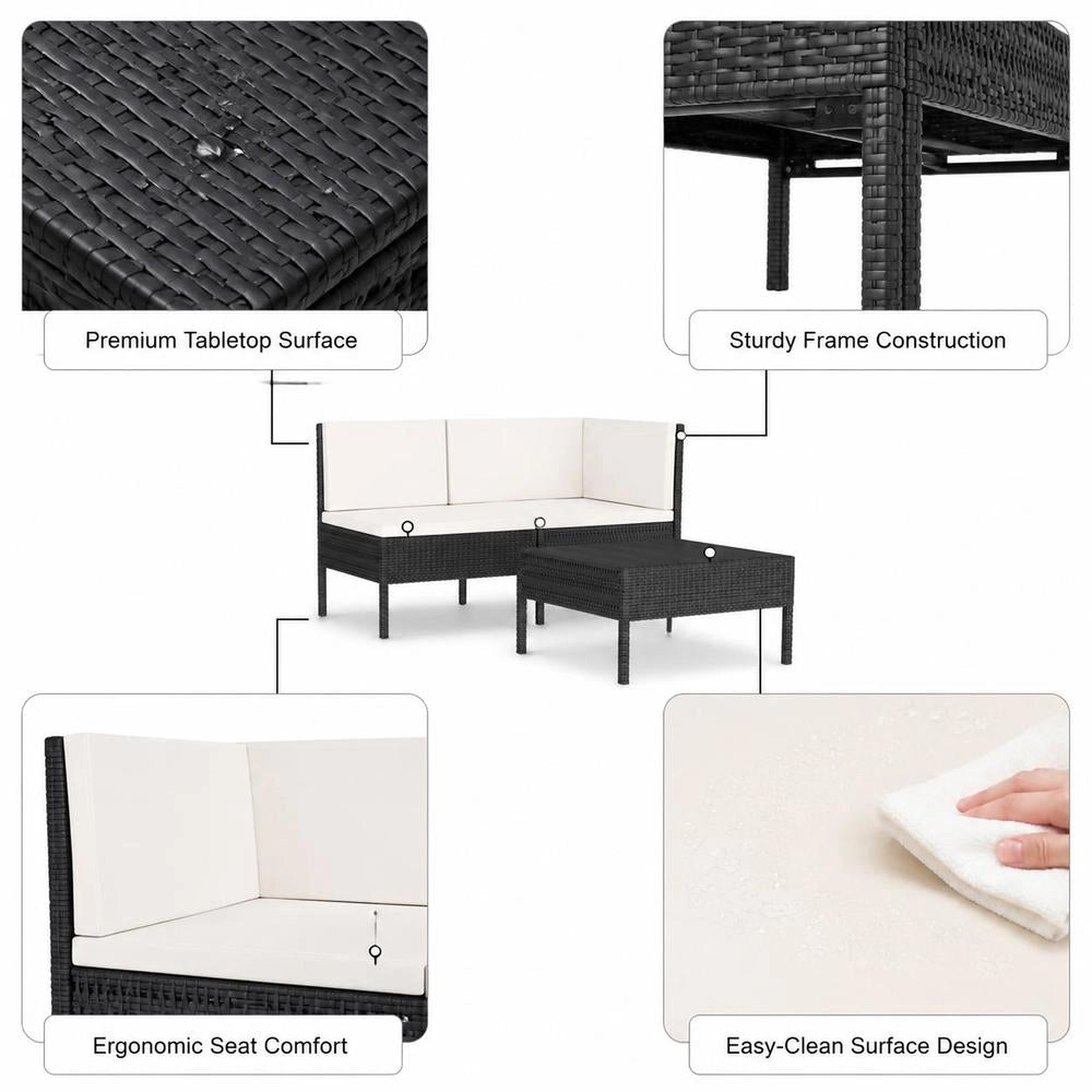 3-piece Garden Lounge Set With Cushions, Poly Rattan, Black