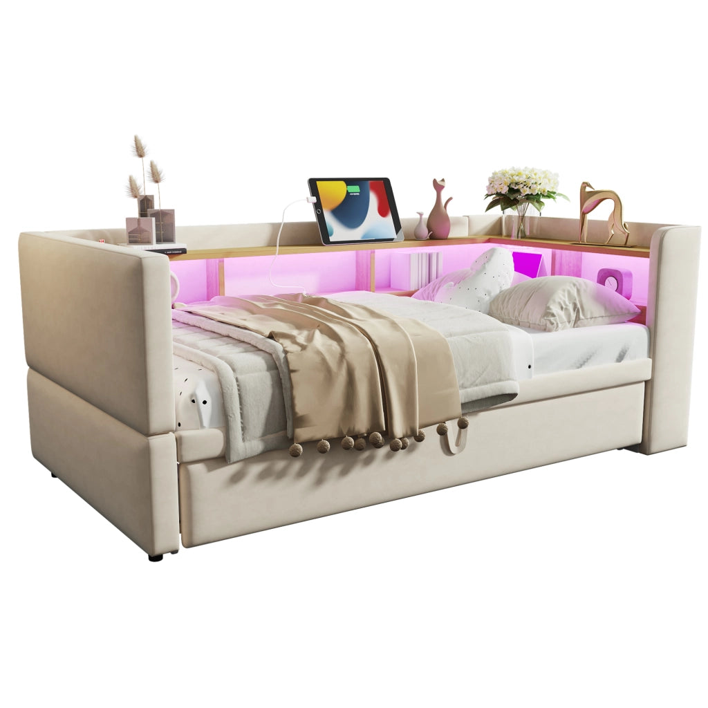 Divano letto imbottito convertibile con scomparti portaoggetti; LED e prese; 90/180 x 190 cm; beige