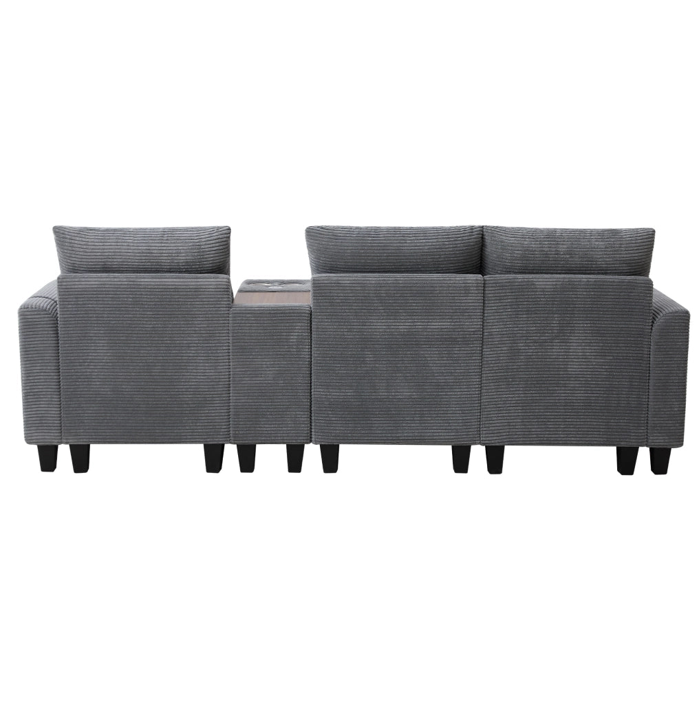 Divano angolare L 229x149.5x83 cm con console centrale; porta bicchieri e USB in velluto a coste grigio