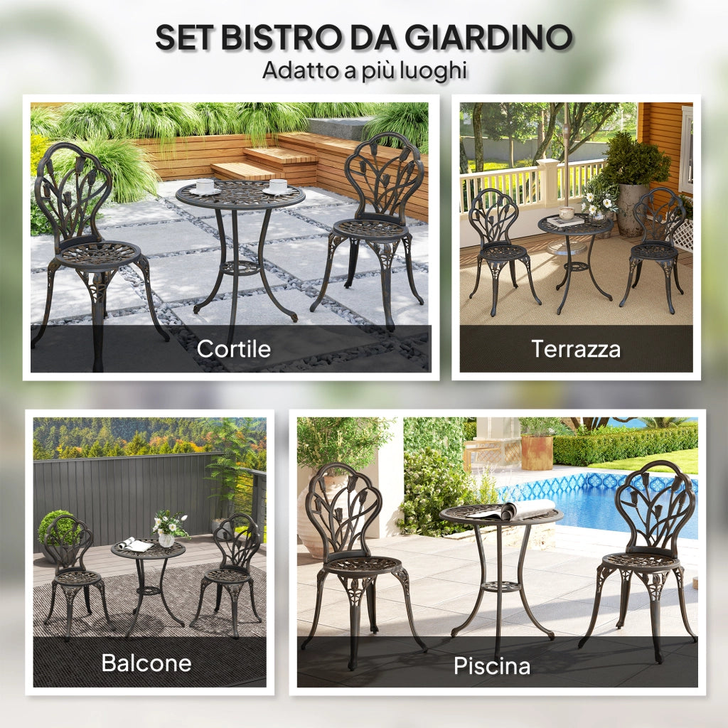 Set da Esterno 3 Pezzi con 2 Sedie da Giardino e Tavolo Rotondo con Foro per Ombrellone, Bronzo