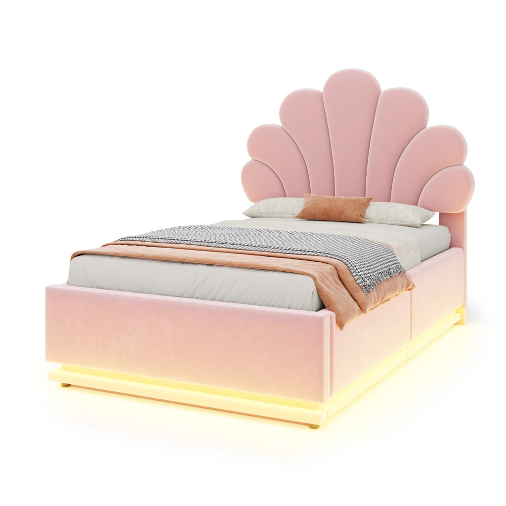 Letto Contenitore Letto Singolo 90x200 cm; LED e contenitore idraulico; in Velluto Rosa