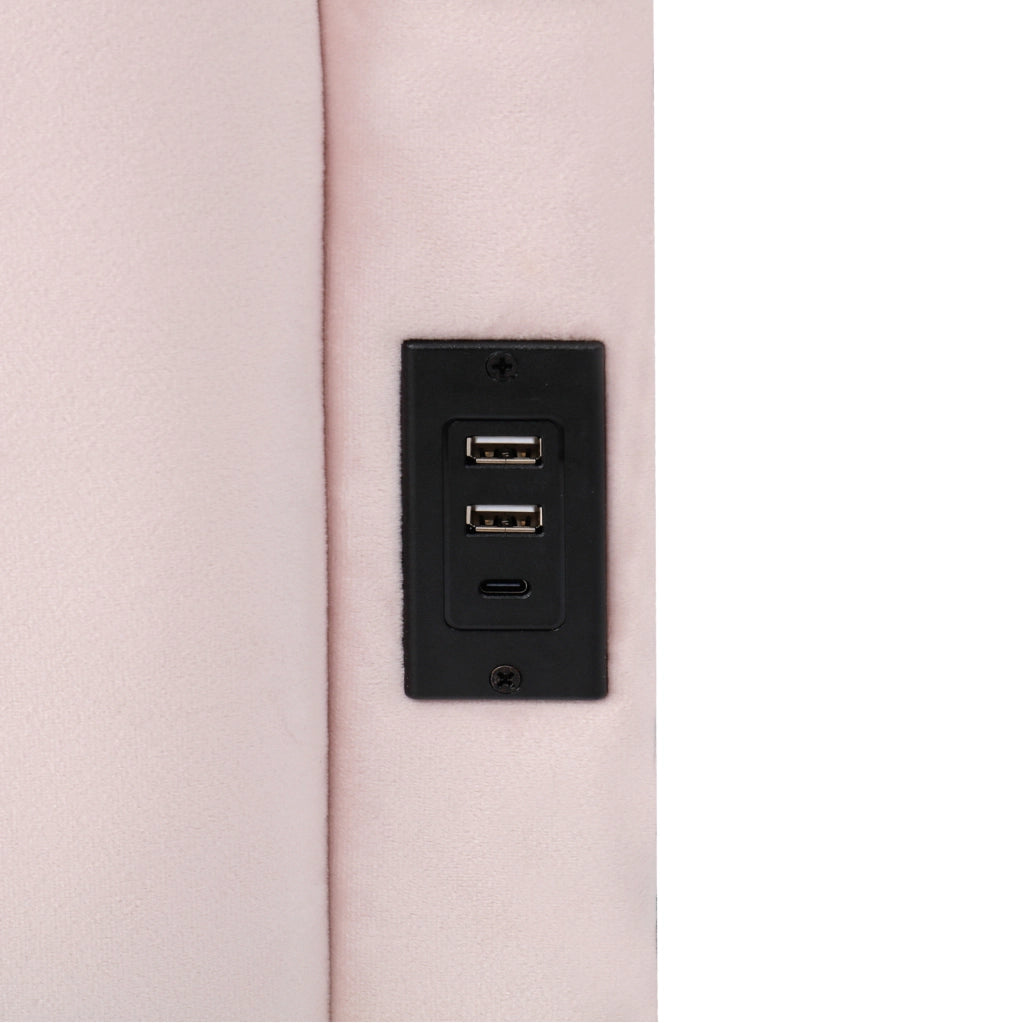 Letto imbottito 90x200 cm rosa in velluto con vano contenitore, USB e tasche